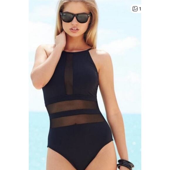 La Blanca Black Mesh Illusion High Neck One Piece Swimsuit, 8 - Picture 1 of 8